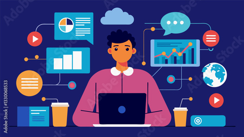 At a digital media company AI systems are constantly analyzing user behavior and synthesizing data to create personalized content and adver.. Vector illustration