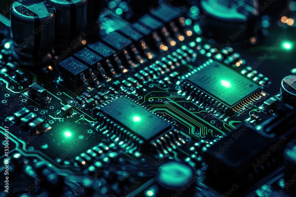 Close-up of a circuit board showcasing intricate electronic components and glowing green circuitry. Close-up of a circuit board showcasing intricate electronic components and glowing green circuitry.