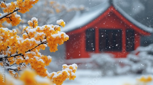 wintersweet, yellow, heavy snow, a red glazed tile house as the background, high-definition photography, 