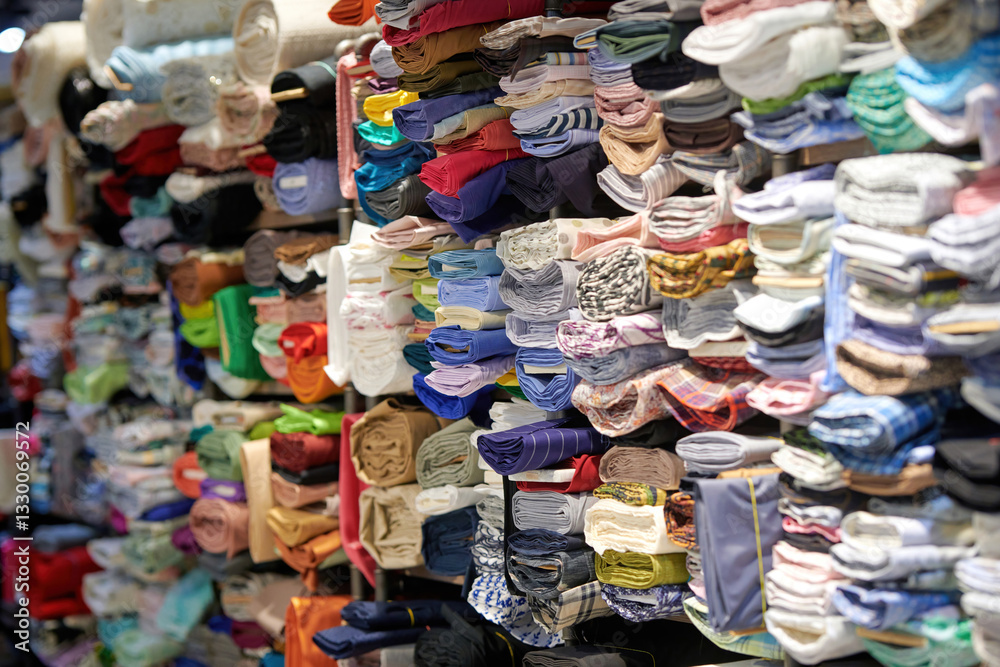 Retail shop is filled with stacks of high-quality fabrics and textiles, providing customers with an extensive selection of materials for their projects.
