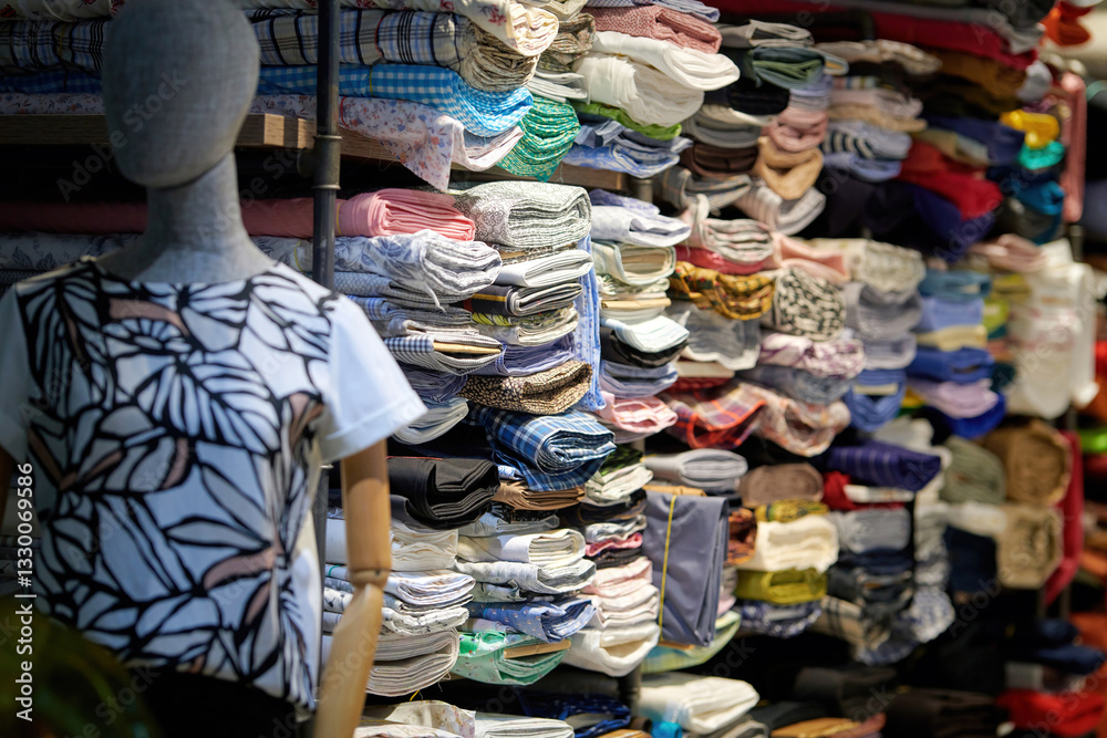 Textile store with an array of colorful fabric rolls stacked and folded, offering variety of high-quality materials for fashion and home decor.