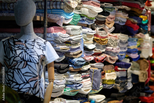 Obraz na płótnie Textile store with an array of colorful fabric rolls stacked and folded, offering variety of high-quality materials for fashion and home decor. w salonie