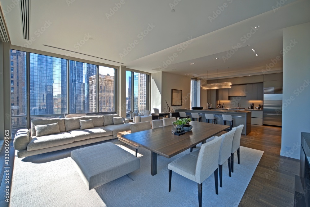 Modern luxury apartment with city view, open plan living space, large windows, hardwood floors, and contemporary furniture. Modern luxury apartment with city view, open plan living space, large windows, hardwood floors, and contemporary furniture.