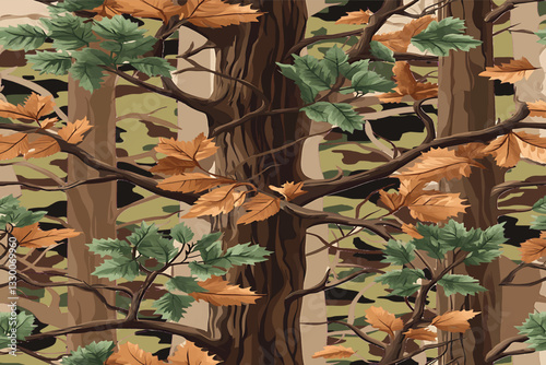 Real-tree camouflage pattern, with brown and green leaves on tree branches, brown pines in the background, a seamles