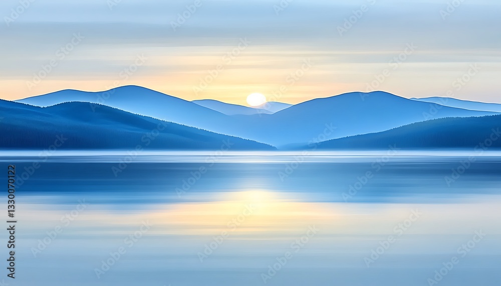 Sunrise over blue mountains with calm water and sky Sunrise over blue mountains with calm water and sky