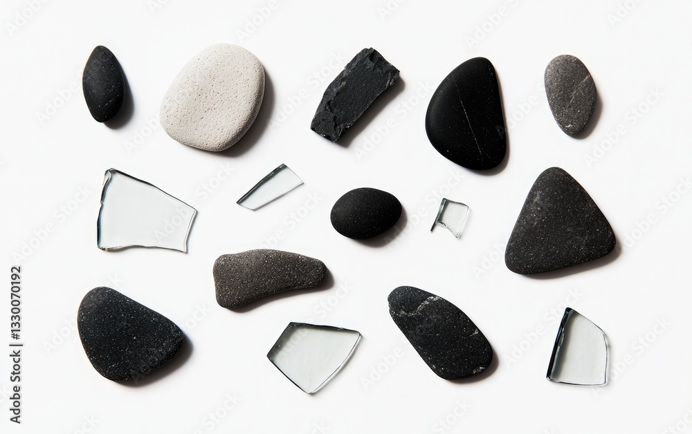 Black and White Pebbles and Glass Shards on White Background Black and White Pebbles and Glass Shards on White Background