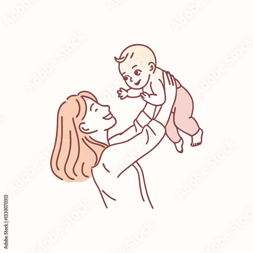mother lifting and playing with newborn baby. Hand drawn style vector design illustrations.