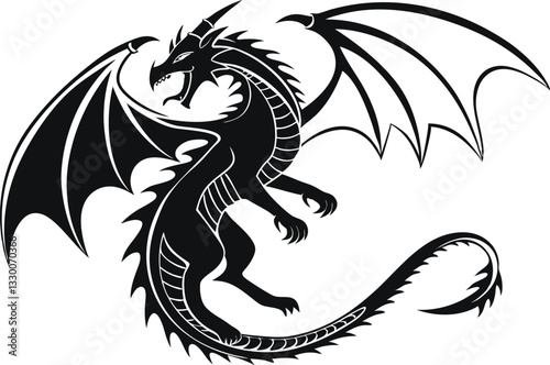 Fierce Gothic Dragon Silhouette - Fantasy Heraldic Vector Art