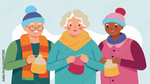 A group of seniors show off their newly knitted scarves and hats while also learning the basics of crossstitching at the DIY Workshop.. Vector illustration