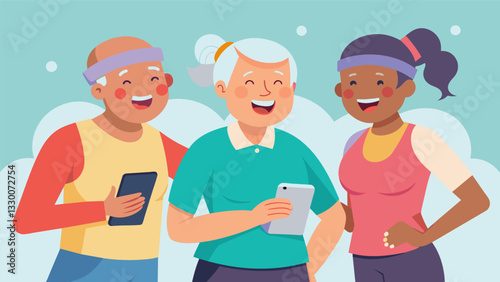 A group of senior citizens smiling and laughing as they compare their fitness tracker data during a workout class.. Vector illustration