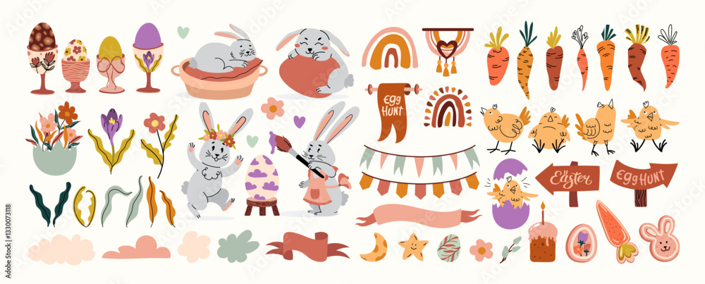 Large Easter clipart set. Spring boho collection of animals, flowers and decorations. For poster, card, scrapbooking, stickers. Flat illustration. Large Easter clipart set. Spring boho collection of animals, flowers and decorations. For poster, card, scrapbooking, stickers. Flat illustration.