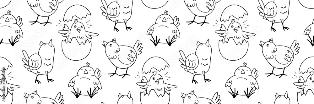 Fototapeta premium Cute Easter doodle pattern with funny yellow chick in various poses. Funny character in broken egg. Horizontal spring background. Vector outline illustration.