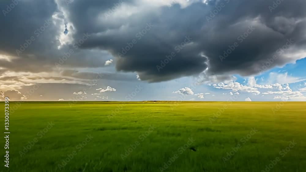 Sonnige grüne Wiese mit dramatischem Himmel