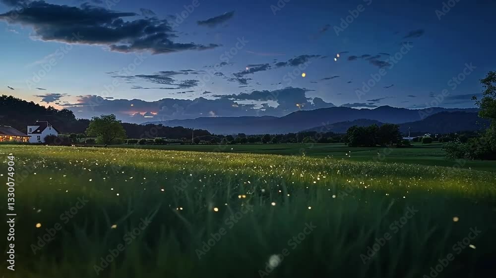 Glühwürmchen tanzen über einem Feld bei Nacht