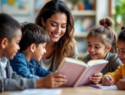 Engaging storytelling session with children in a cozy classroom