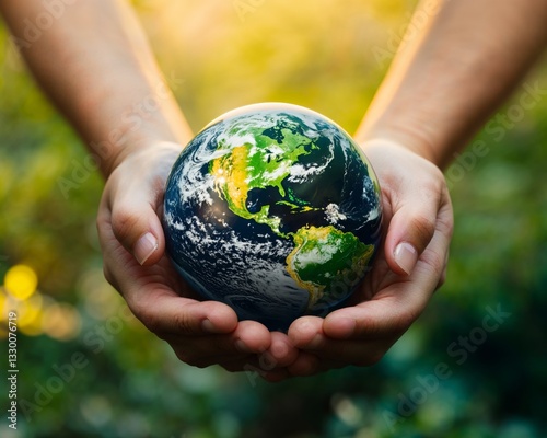 Hands hold a globe symbolizing environmental awareness and care during Earth Day celebration in a natural setting