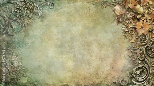 A textured wall featuring floral relief and detailed vintage decorations