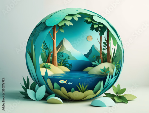 Mystical forest landscape with river and mountains in a stylized paper art design showcasing nature's beauty