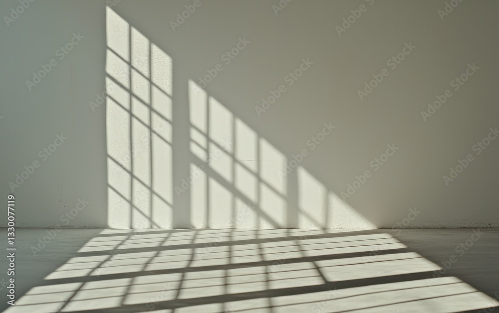Fototapeta premium Sunlight streams through multi-paned window creating geometric shadows on the floor and white wall