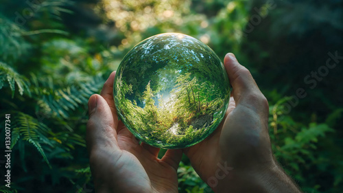 Hands hold a glass globe reflecting the beauty of nature in a vibrant green forest