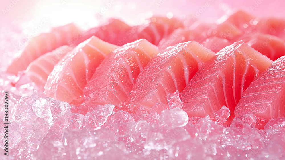 Fototapeta premium Stylish luxury food, Fresh sashimi slices arranged on ice, showcasing vibrant colors and textures