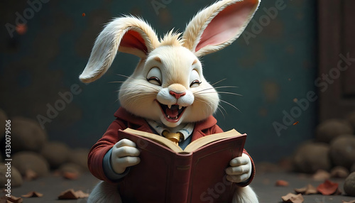 a cute adorable wacky bunny laughing reading a book, bunny reading cmoic book, created with generative ai