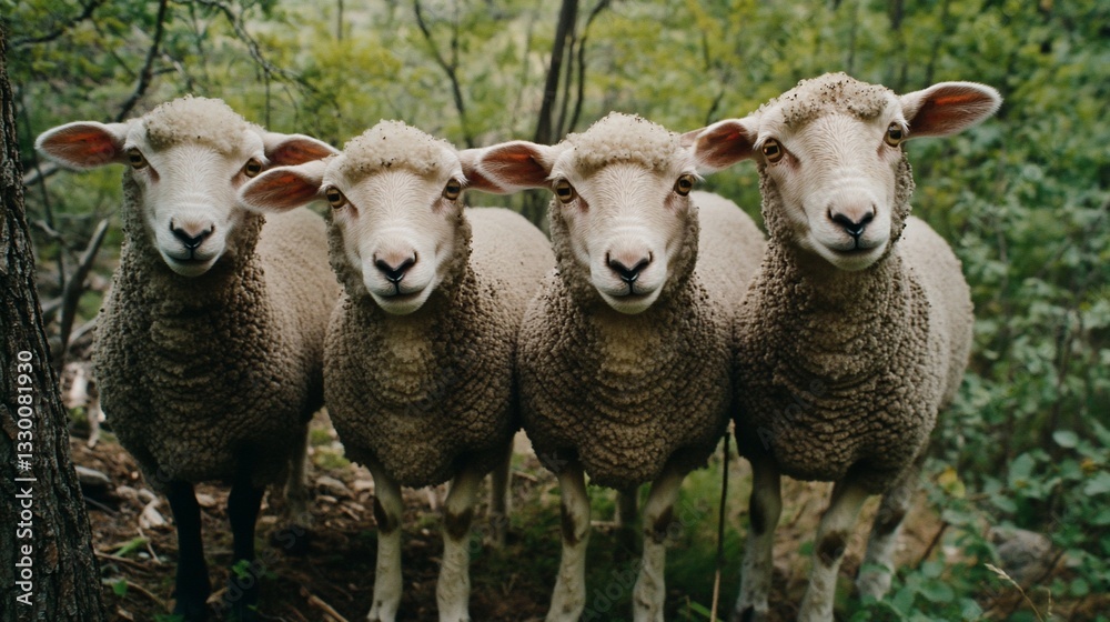 Four sheep posing, forest background, rural scene, farm animals Four sheep posing, forest background, rural scene, farm animals