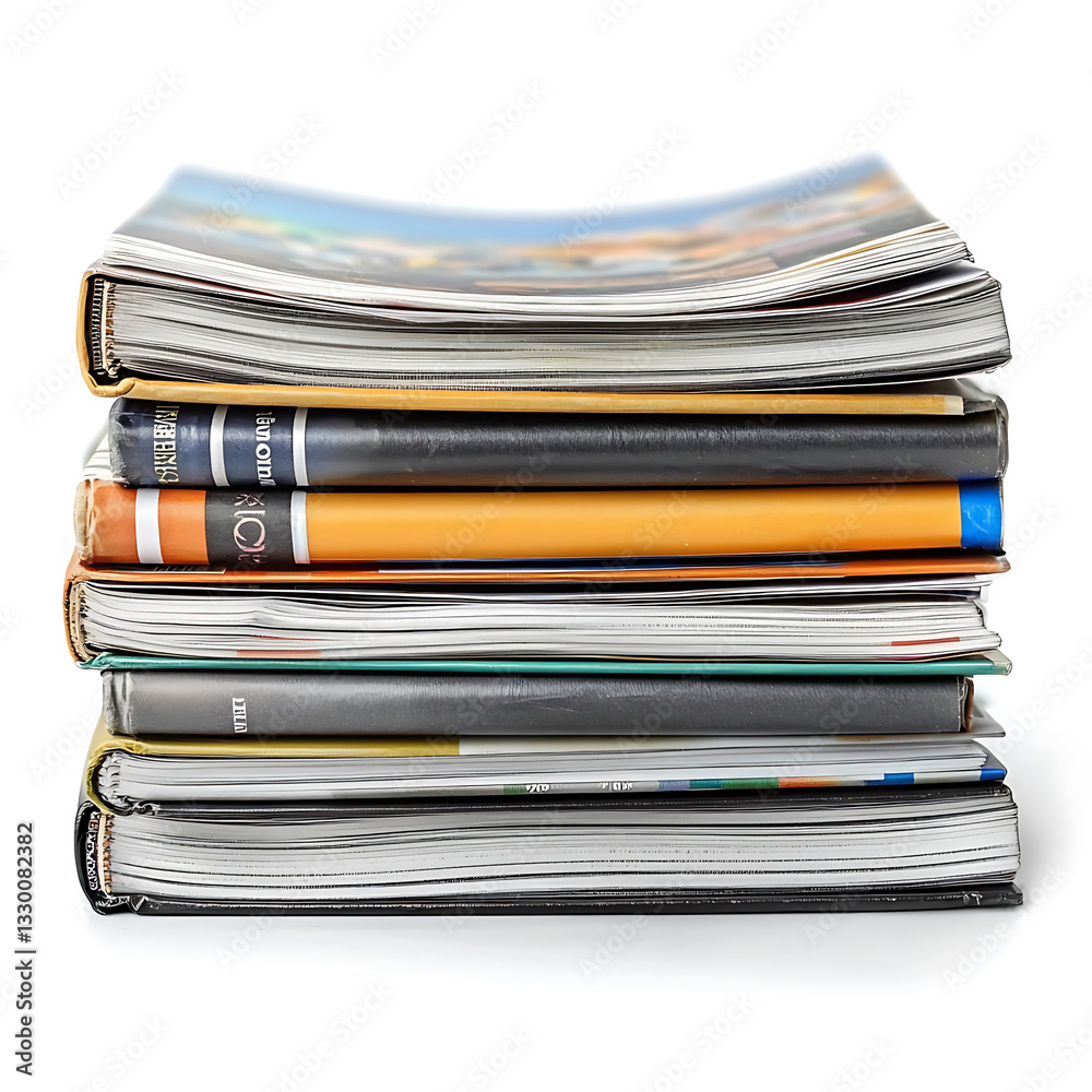 Stack of colorful books and magazines piled high on a white surface slightly blurred background. Stack of colorful books and magazines piled high on a white surface slightly blurred background.
