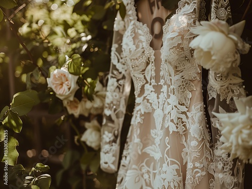 Ethereal Bridal Gown in Lush Garden with Intricate Lace and Floral Embroidery, Soft Sunlight and Pastel Blooms