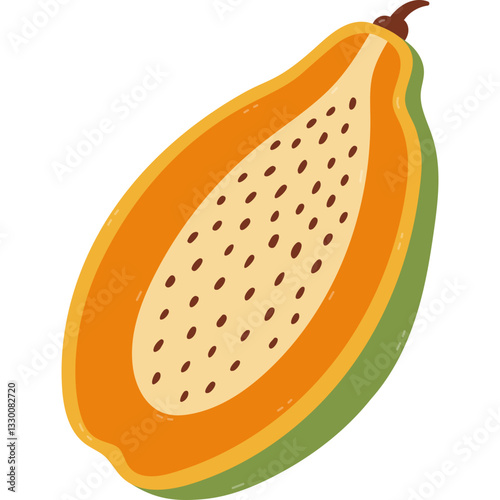 Lovely cartoon tropical papaya fruit with seeds cut in half. Colourful clipart of summery exotic food for greeting card, printing, social media. Cute ripe tasteful fruit isolated on white background.