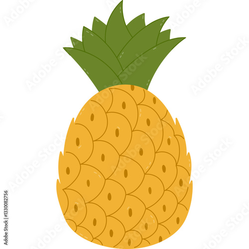 Lovely cartoon tropical pineapple with hand drawn line. Vivid clipart of summertime exotic fruit for poster, design, social media, print. Healthy vegetarian yummy food isolated on white background.