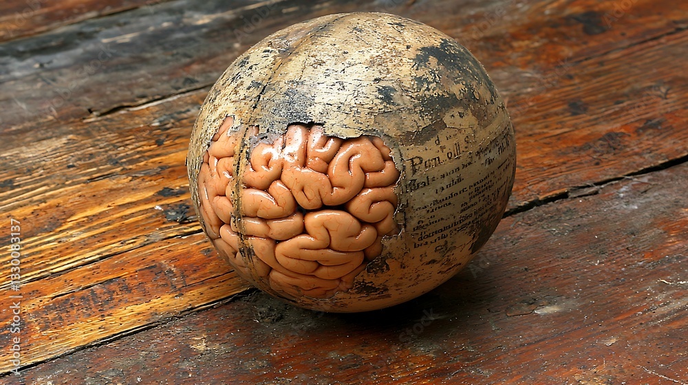 Fototapeta premium Cracked brain globe on wood floor