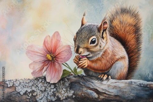 Adorable Squirrel Holding a Flower in Nature