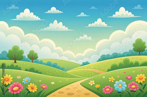 Sunny spring landscape with a path through colorful flowers