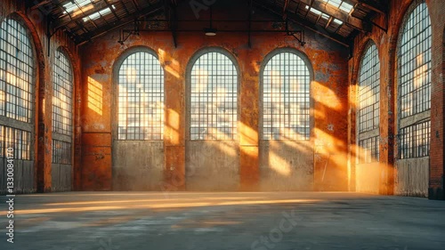 Sunlit Industrial Warehouse Interior: A Rustic Architectural Masterpiece