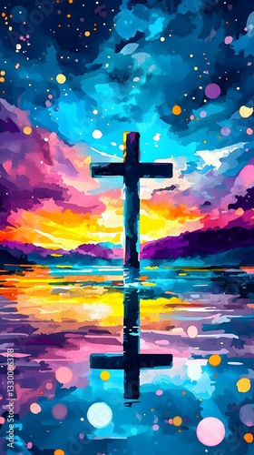 Artistic blurry abstract representation of a cross in water for contemplative moments and spiritual growth