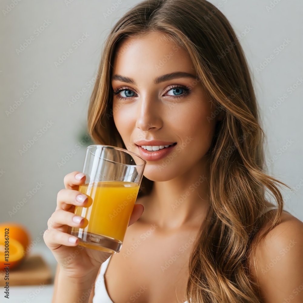 A young woman with flawless skin drinks fresh orange juice at home. The image has a warm, minimalistic aesthetic, perfect for ads, websites, and social media. 1:1 format with text space. A young woman with flawless skin drinks fresh orange juice at home. The image has a warm, minimalistic aesthetic, perfect for ads, websites, and social media. 1:1 format with text space.
