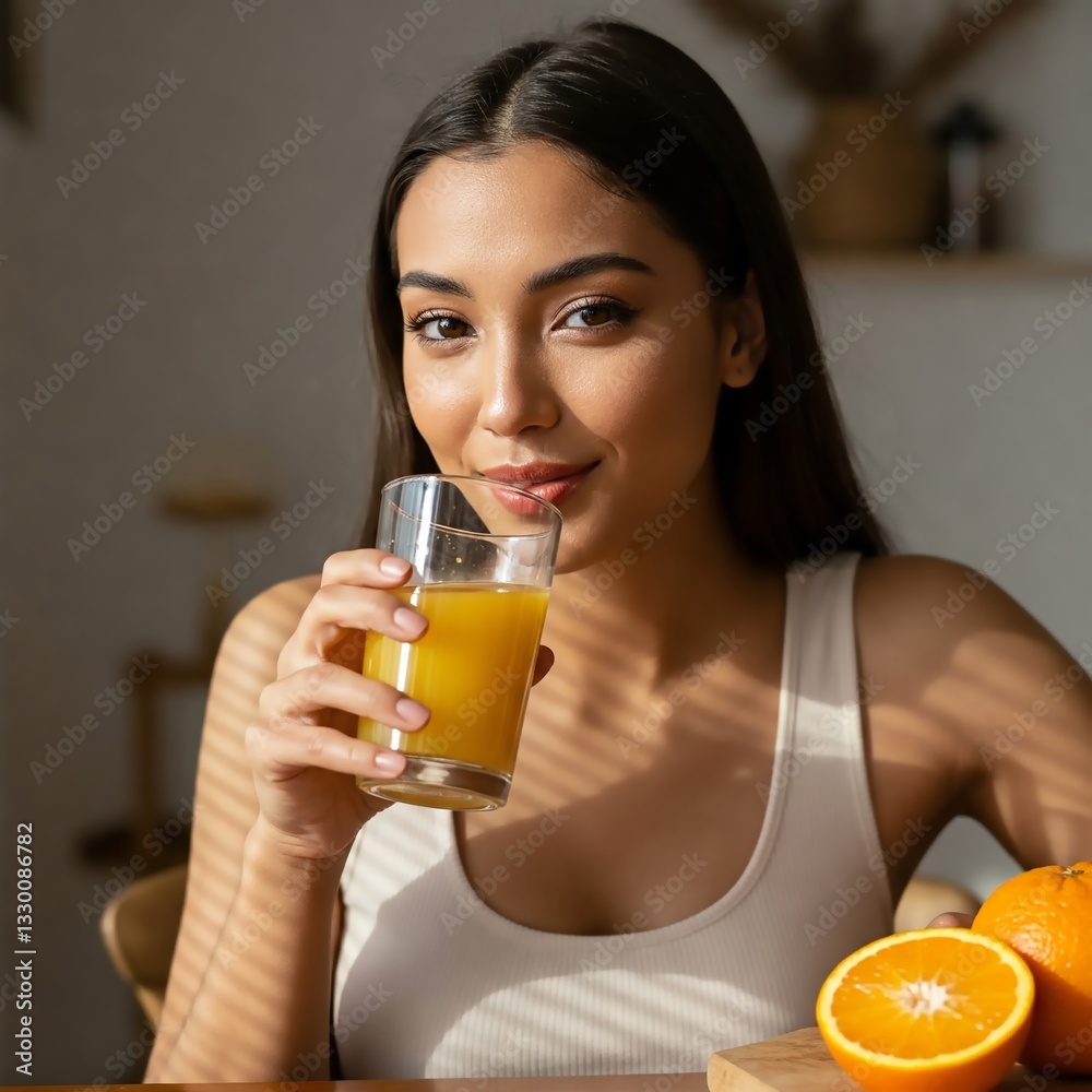 A young woman with flawless skin drinks fresh orange juice at home. The image has a warm, minimalistic aesthetic, perfect for ads, websites, and social media. 1:1 format with text space. A young woman with flawless skin drinks fresh orange juice at home. The image has a warm, minimalistic aesthetic, perfect for ads, websites, and social media. 1:1 format with text space.