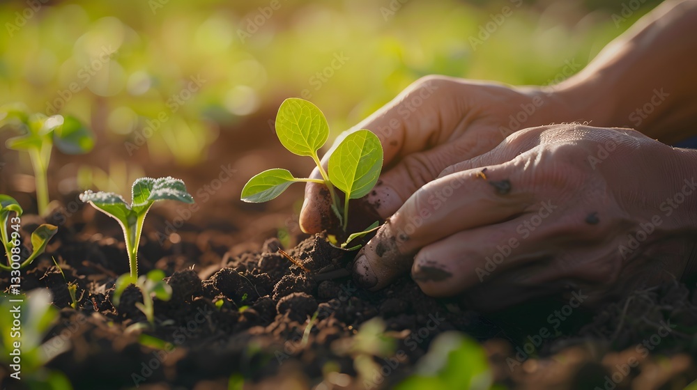 Fototapeta premium A person is planting a seedling in the dirt