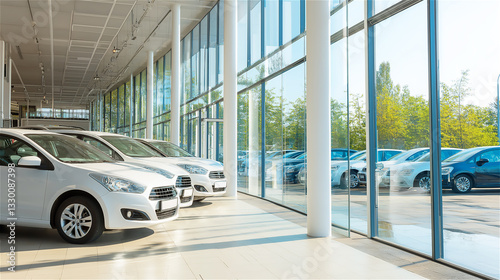 Modern car dealership interior with windows and white vehicles on display. Bright showroom with clean minimalist design, natural lighting and reflective floor creating professional sales environment.