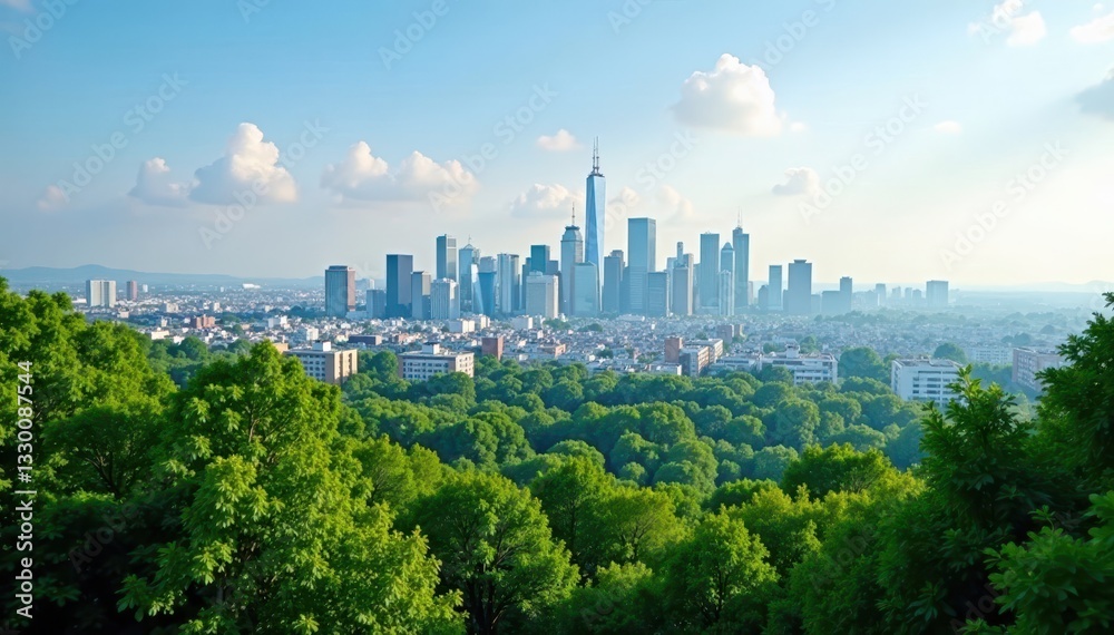 Fototapeta premium City skyline fading into lush forest, green buildings, eco architecture, modern architecture
