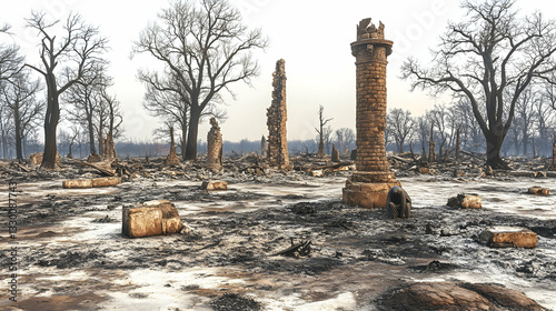 Burnt landscape, ravaged structures photo
