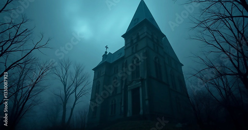 A Shadowy Gothic Mansion Shrouded In Eerie Twilight Mist, Its Imposing Silhouette Casting Long, Ominous Shadows Against A Backdrop Of Skeletal Trees Under A Bruised, Dark Sky