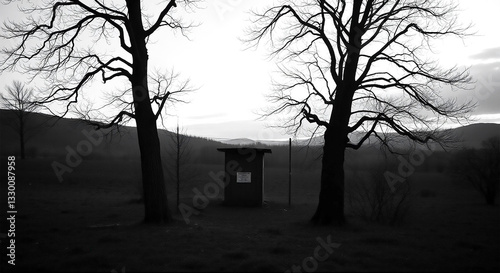 A Solitary Small Structure Stands Silently Between Two Stark, Leafless Trees On A Desolate Hillside Under A Pale Sky, A Poignant Scene Of Quiet Solitude