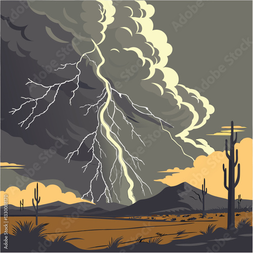 Dramatic Desert Thunderstorm with Lightning Strike Vector Illustration