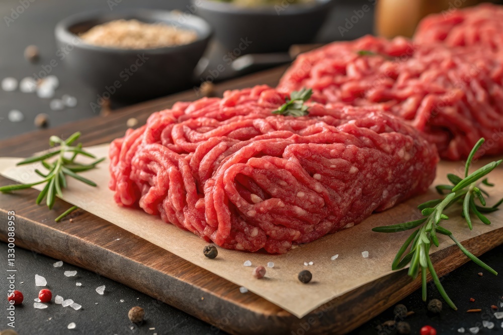 Fresh Ground Beef Displayed With Herbs and Spices on a Wooden Board Showcasing Its Quality and Texture Generative AI Fresh Ground Beef Displayed With Herbs and Spices on a Wooden Board Showcasing Its Quality and Texture Generative AI