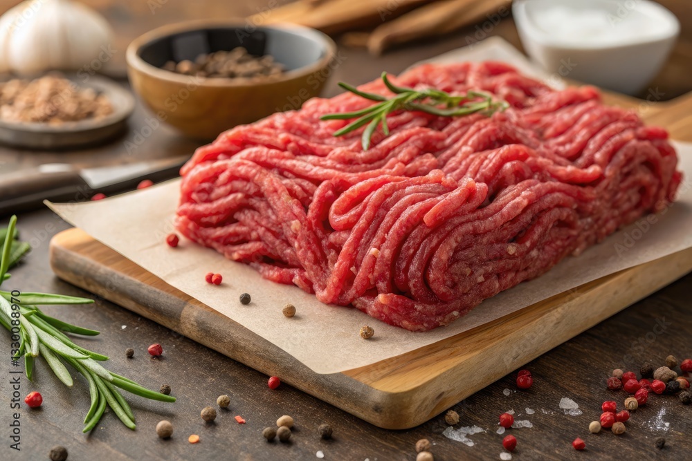 Fresh Ground Beef With Herbs Displayed on a Wooden Cutting Board in a Cozy Kitchen Setting Generative AI Fresh Ground Beef With Herbs Displayed on a Wooden Cutting Board in a Cozy Kitchen Setting Generative AI