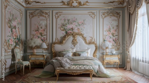 Elegant Pastel and Gold Bedroom Interior with Ornate Floral Wall Paneling