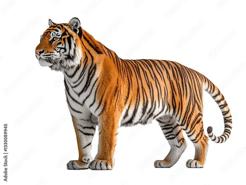 Fototapeta premium Majestic Bengal tiger in side profile standing on white background / PNG