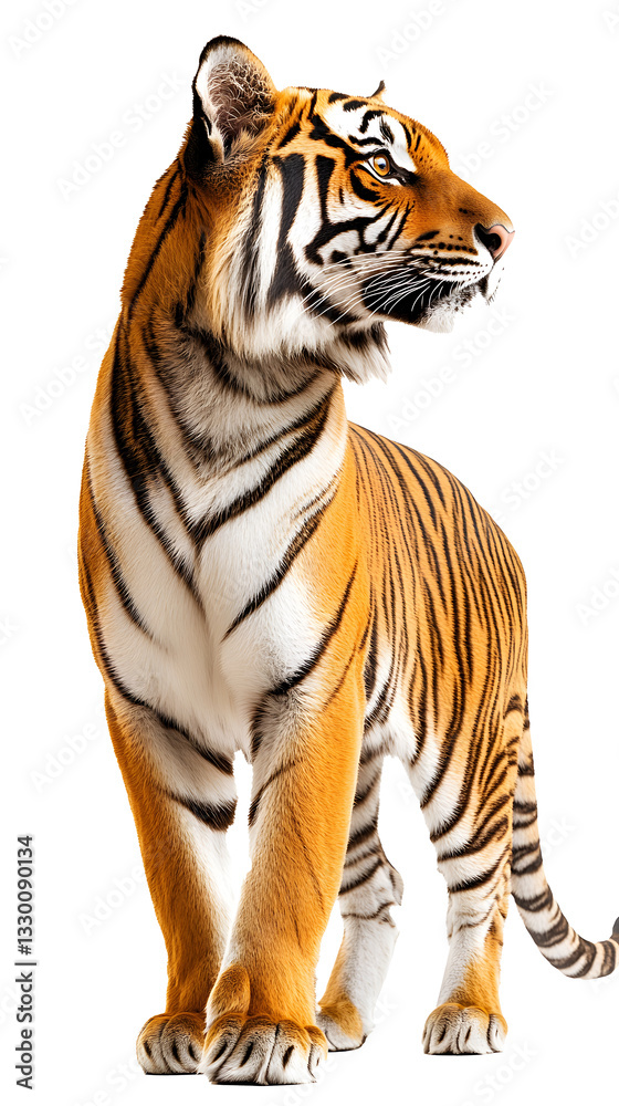 Obraz premium Majestic Bengal tiger in side profile standing on white background / PNG